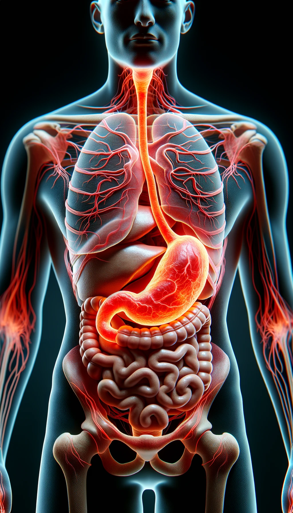 corpo umano anatomico con reflusso e stomaco infiammato, stomaco in evidenza, iperrealistico 4k emoji