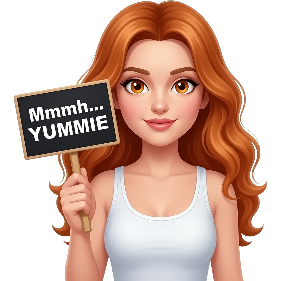 sexy girl with long wavy ginger hair and ginger eyes wearing a white tanktop is holding a black colored sign with Mmmh... YUMMIE written on it emoji