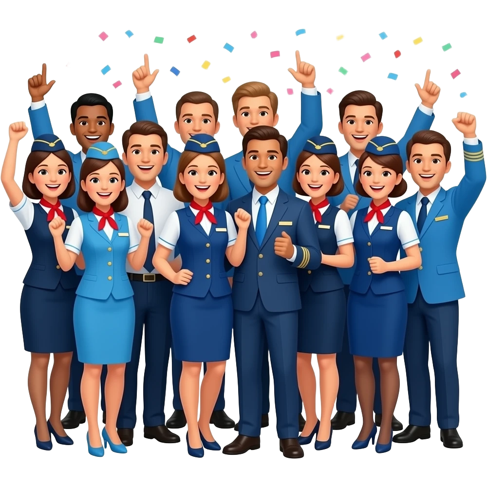 crowd of cabin crew cheering and partying with confetti emoji