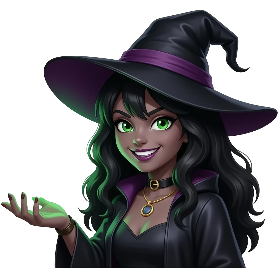 A dark sorcerer’s evil smile girl, expression, she is hand holding a WhatsApp logo burning with green magical flames. A liquid creams text bellow: 'HAVE YOU MOVED HERE?'. Cinematic lighting, high-contrast emoji emoji