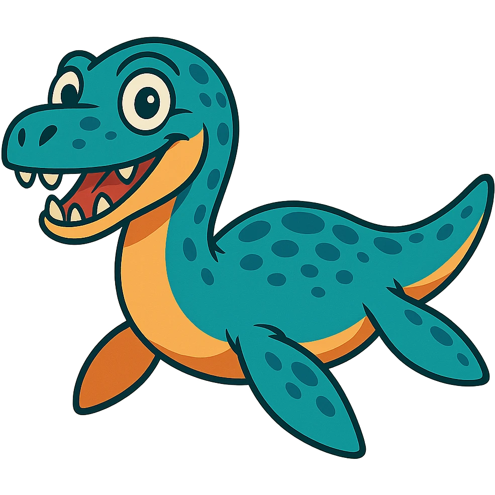Pliosaurus funkei, stylized as a cartoon with exaggerated features, big eyes, and a friendly expression emoji