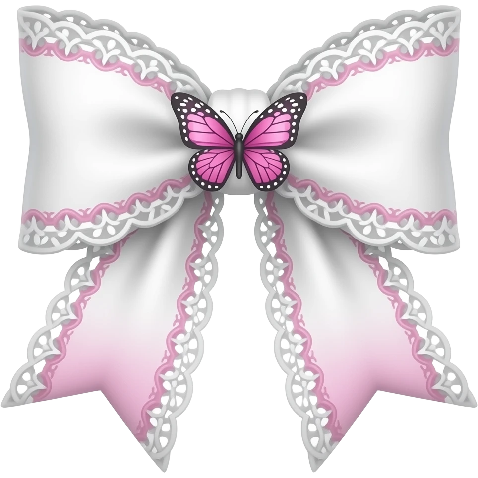 3D emoji gothic bow, white velvet, subtle gradient white filigree, subtle gradient pink lace trim, white gem, elegant vibrant butterfly gem subtle pink emoji