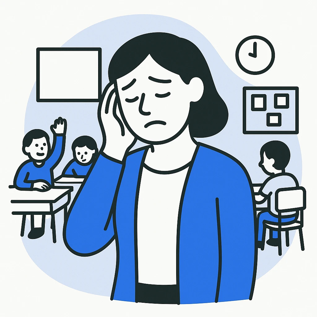 exhausted teacher in a bustling classroom emoji