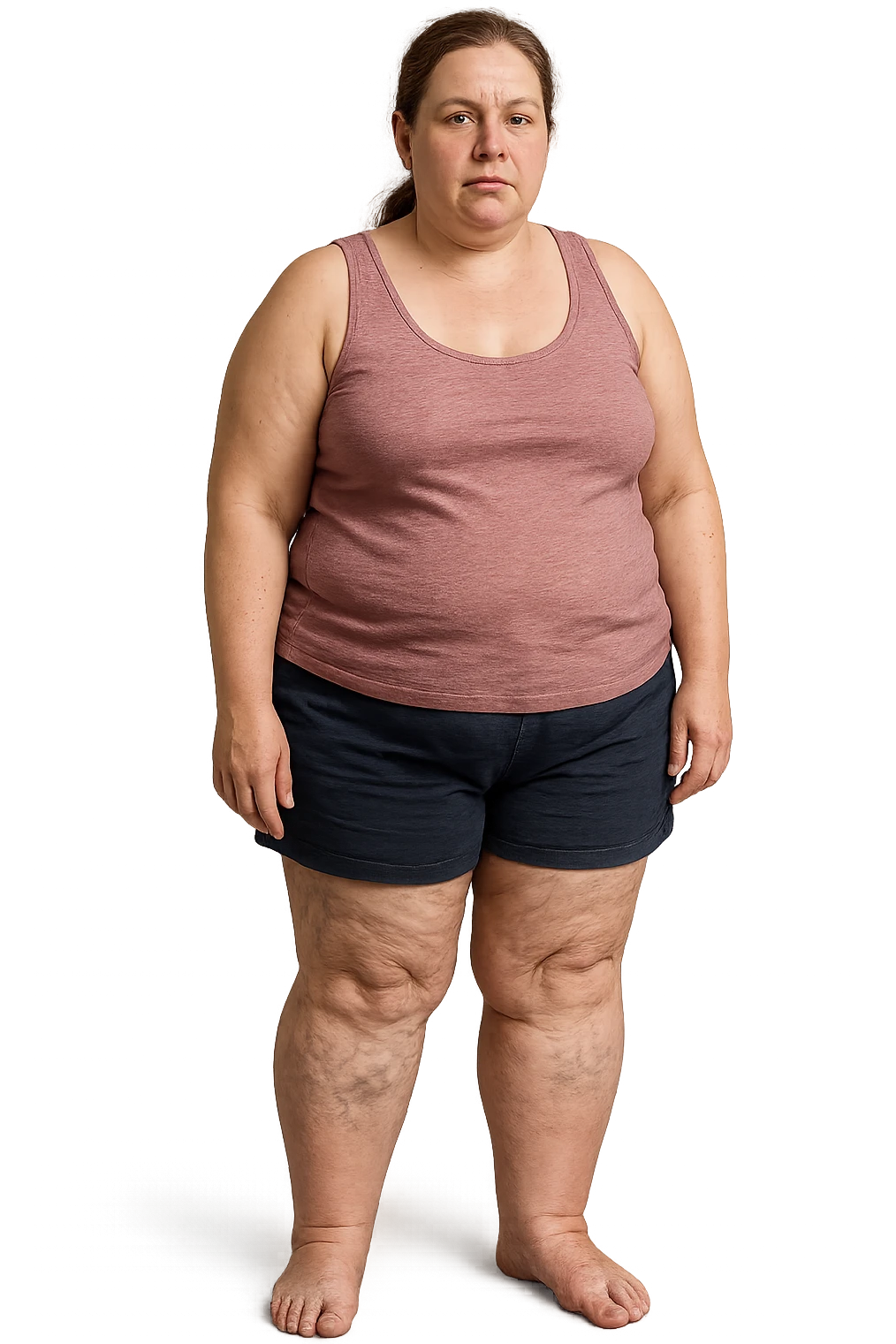 donna realistica leggermente in sovrappeso con vene visibili sulle gambe e gambe gonfie, iperrealistica 4k, IPERREALISTICA 4K emoji
