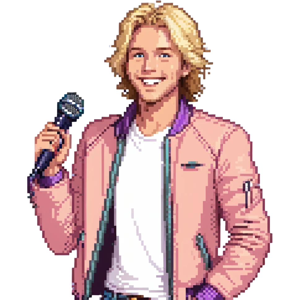 Pixel art style, expressive male performer, Caucasian features, tousled sandy blonde hair, lively eyes, wide cheerful smile, wearing a coral violet jacket over white tee, tossing a microphone in one hand, waist-up, front-facing emoji
