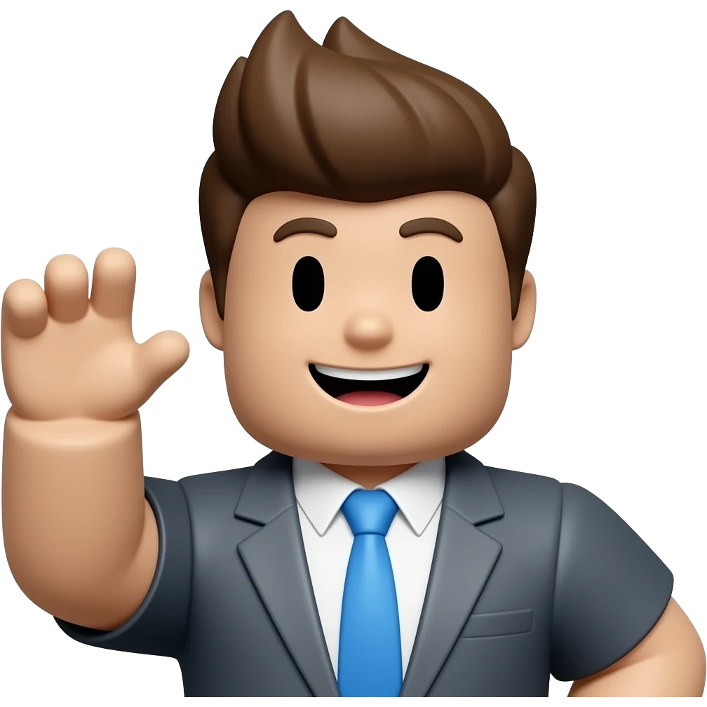 Quiero un personaje de roblox sonriendo y la mano arriba emoji