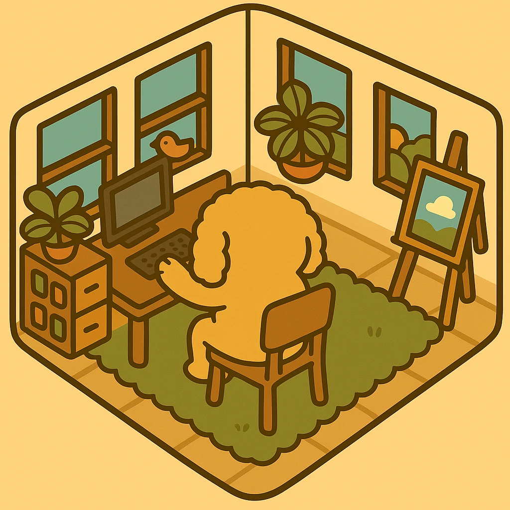 Adjust the dog to be sitting on the chair, back facing us, very close to the table, with paws on the keyboard, clearly using the computer, maintaining the original illustration style. emoji
