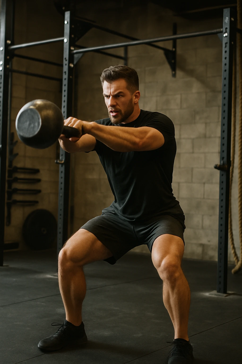 a man performing a kettlebell swing, Crossfit workout, dynamic movement, athletic fitness emoji