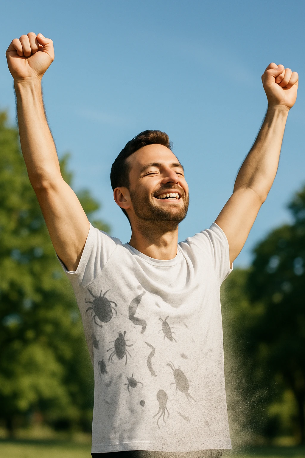 a man stands outdoors in bright sunlight, arms raised in relief and joy, while faint, shadowy silhouettes of parasites fall away from his body and dissolve into the air. His posture is upright and energetic, his expression serene and healthy. The background features green trees and a clear sky, emphasizing liberation and restored well-being. emoji