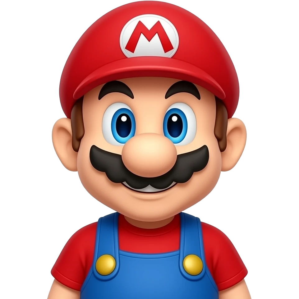 Front-facing Super Mario with a cheerful smile, centered portrait, bright cartoon lighting, emoji style emoji