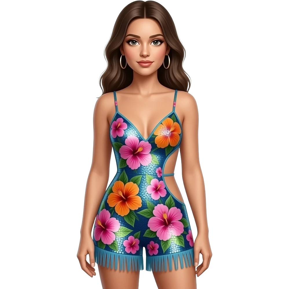 Zara Larson wearing a custom, tropical-inspired floral heavily sequined romper. It features vibrant pink, orange, and blue hibiscus patterns with a signature "cut-out" side detail and a fringed hem emoji