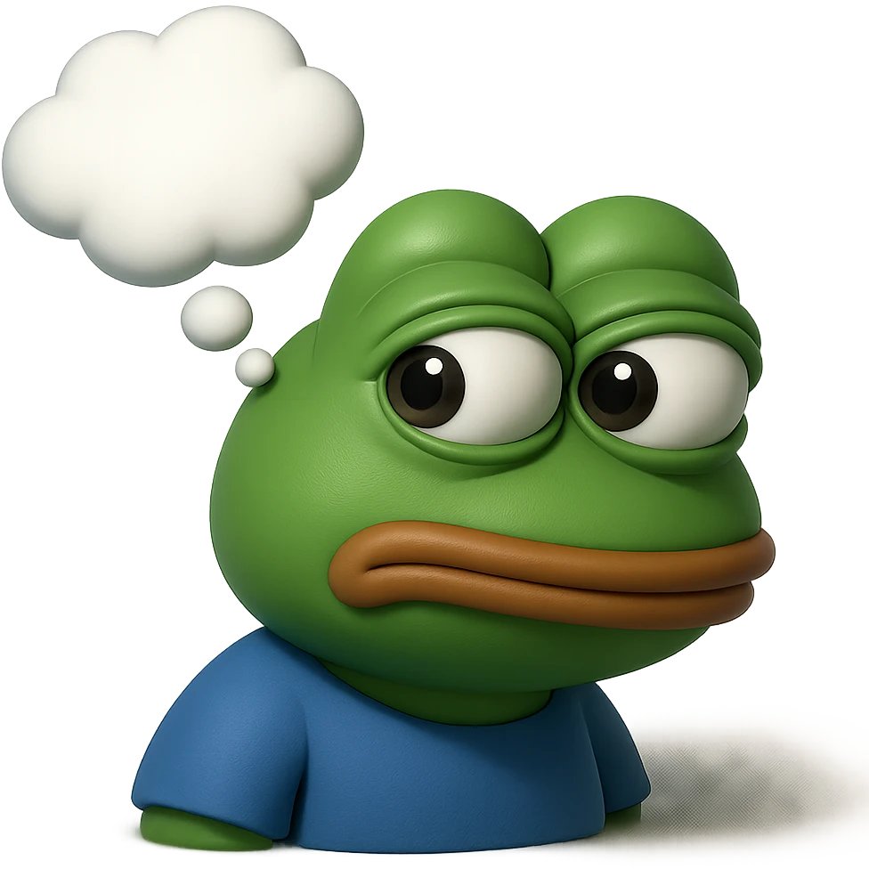 make a pepe with thought bubble looking at left side in 3d style, good highlights and shadows, drop shadows  emoji