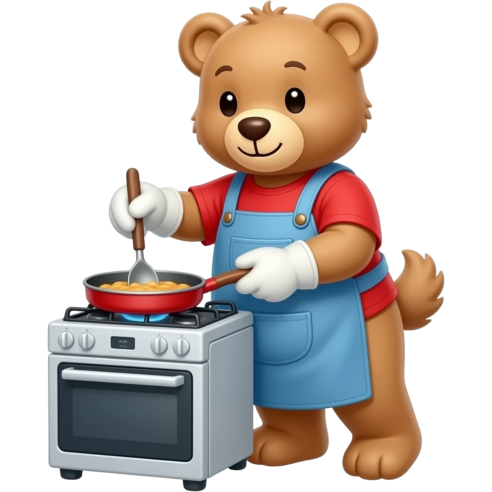 smooth haired teddy bear wearing gloves while cooking over a stove emoji