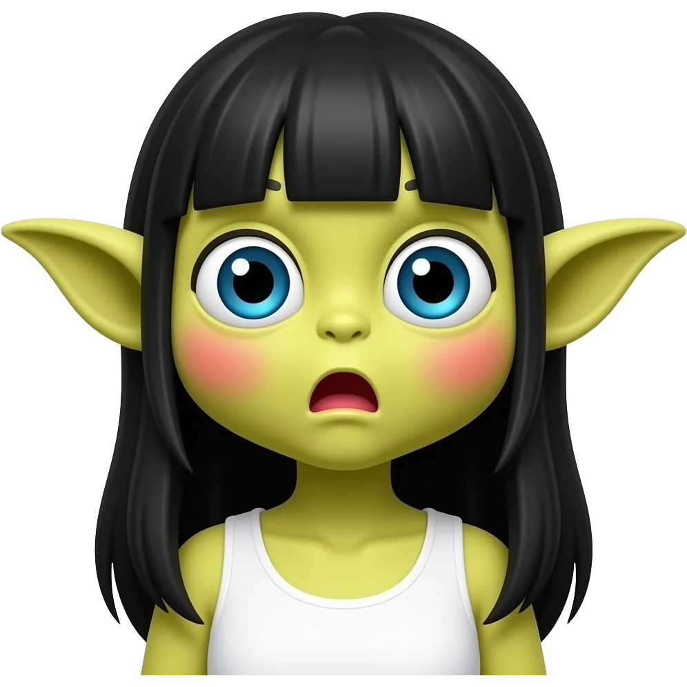 놀란 동공. 커다란 눈. 하얀 동공에 파란렌즈. 요다귀. 노란색 스킨. 붉은 홍조. 이마 주름은 없고 입은 O모양. 앞머리있는 검정 긴생머리. 흰색 나시를 입고 큰 가슴 emoji