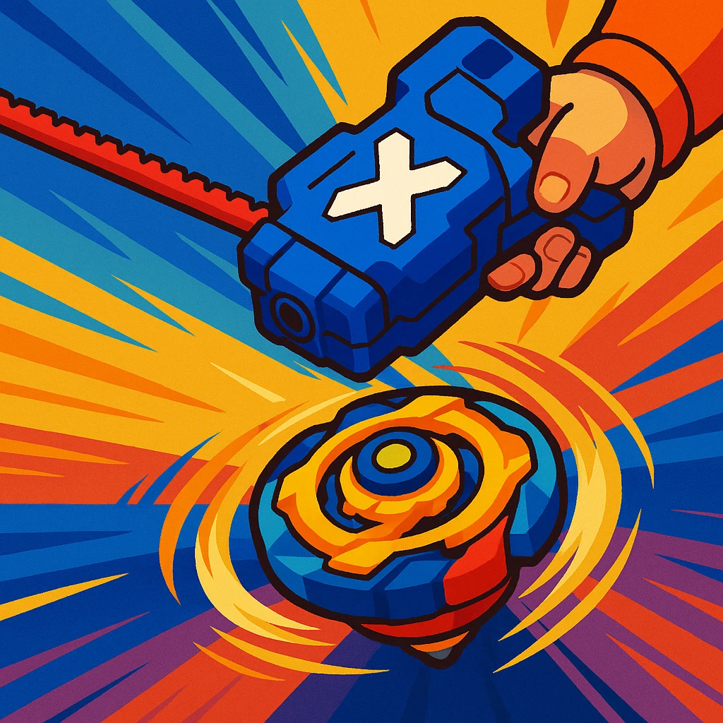 Beyblade X launcher, dramatic motion blur, colorful, toy style emoji