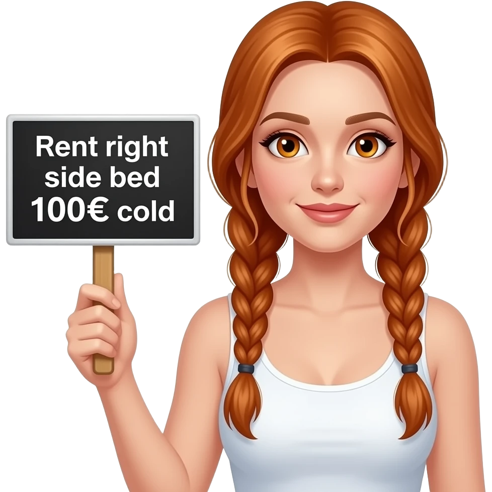 sexy girl with long ginger braids and ginger eyes wearing a white tanktop is holding a black sign with VERMIETE rechte BETTSEITE 100€ kalt written on it emoji