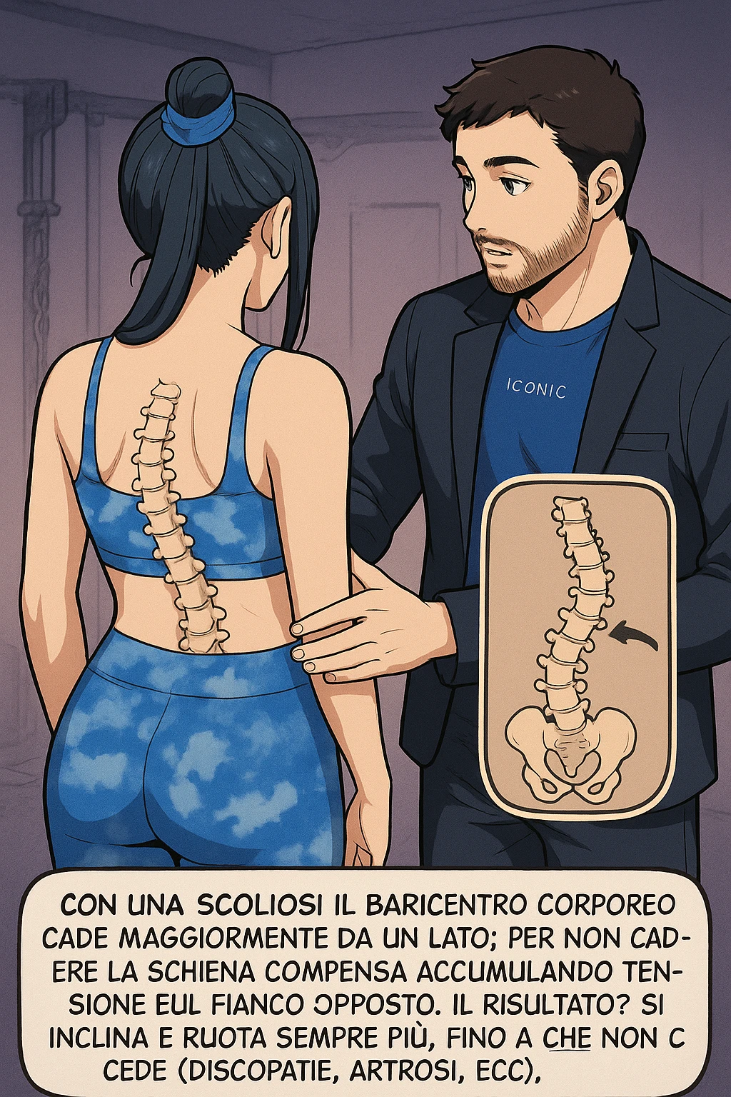 fai questa immagine in versione manga/webtoon a colori, il manga mostra la donna di spalle, mentre l'uomo le tocca la spina dorsale per spiegarle come funziona la scoliosi:
Con una scoliosi il baricentro corporeo cade maggiormente da un lato; per non cadere la schiena compensa accumulando tensione sul fianco opposto.
Il risultato? Si inclina e ruota sempre più, fino a che non cede (discopatie, artrosi, ecc) emoji