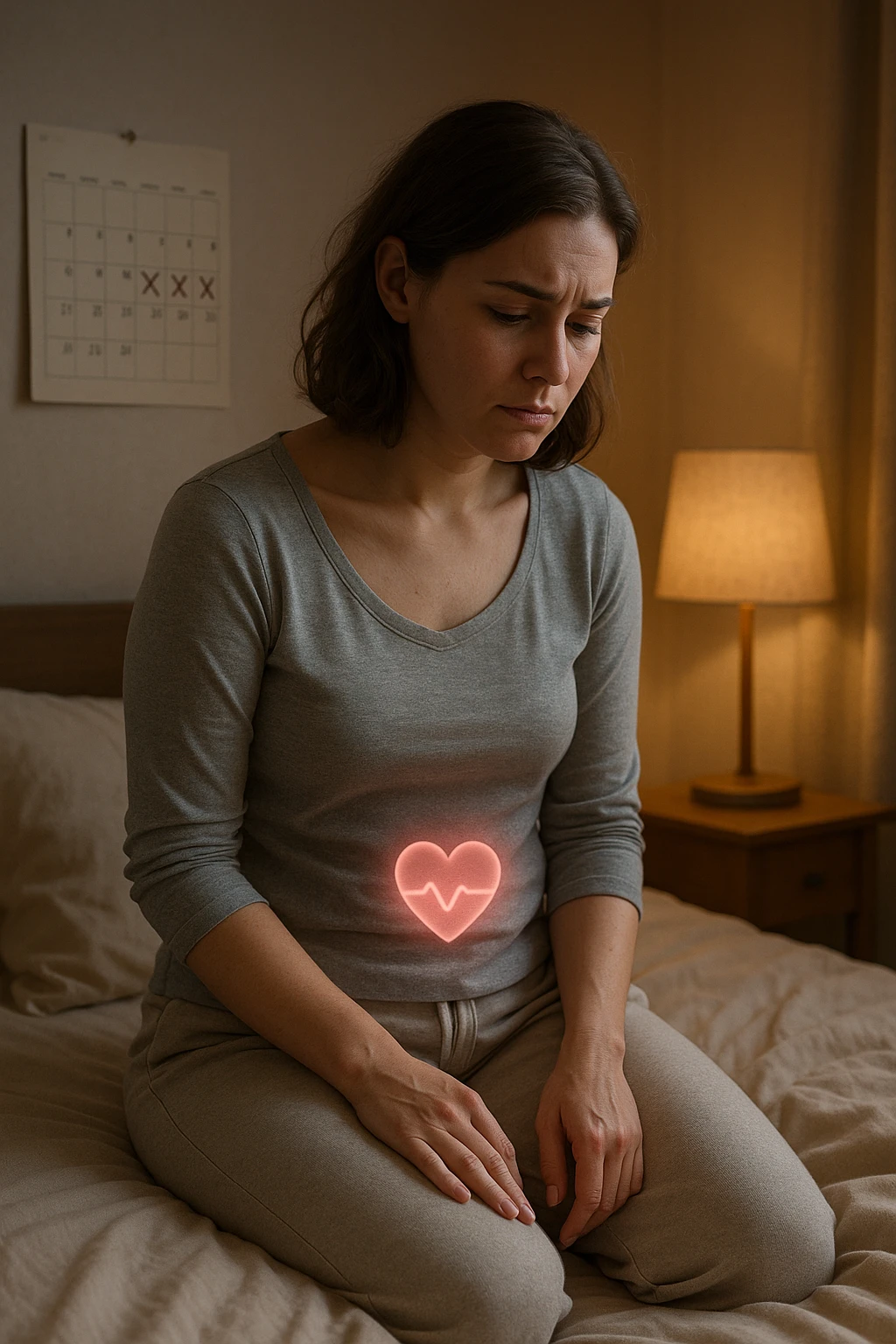 3D realistic medical illustration: a young woman in her 20s or 30s sits on the edge of a bed in a softly lit bedroom, looking thoughtful and slightly concerned. She wears comfortable loungewear, her posture is slouched, and her expression is subdued. Subtle visual cues—such as a faded calendar with missed menstrual cycles and a dimmed heart or energy icon near her abdomen—symbolize low libido and amenorrhea. The scene is realistic, intimate, and empathetic. emoji