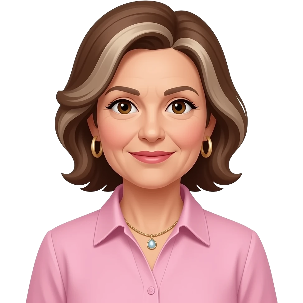 woman in 50s with brown highlighed highlights wearing pink formal shirt, brown eyes, hoop earrings and necklace emoji