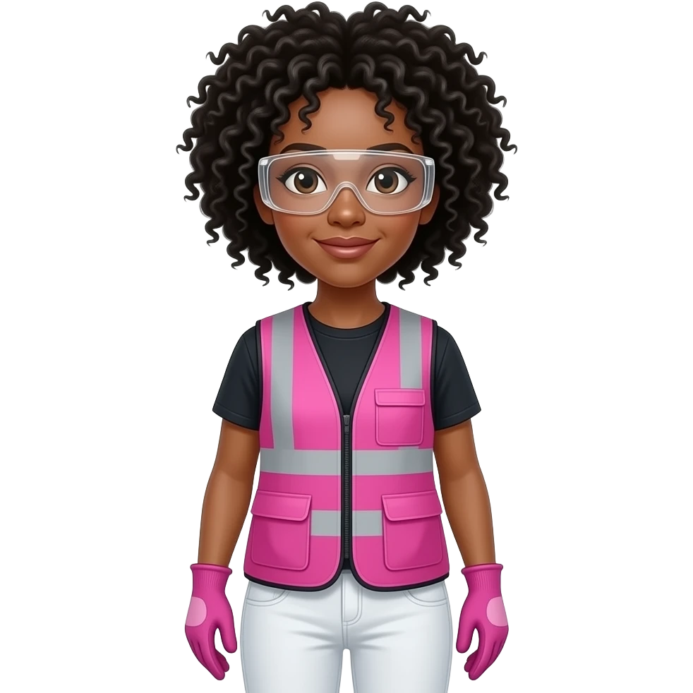 Fair skin tone woman with black curly fro hairstyle wearing pink and clear safety glasses wearing a pink construction vest wearing white pans wearing pink construction vest wearing white pants wearing pink construction gloves emoji