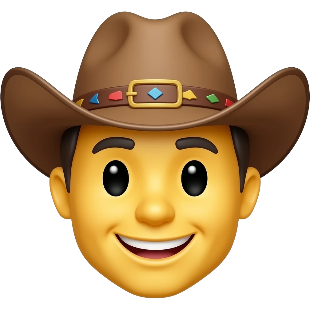 Yellow circle with no nose and eyebrows having a fancy cowboy hat smiling emoji