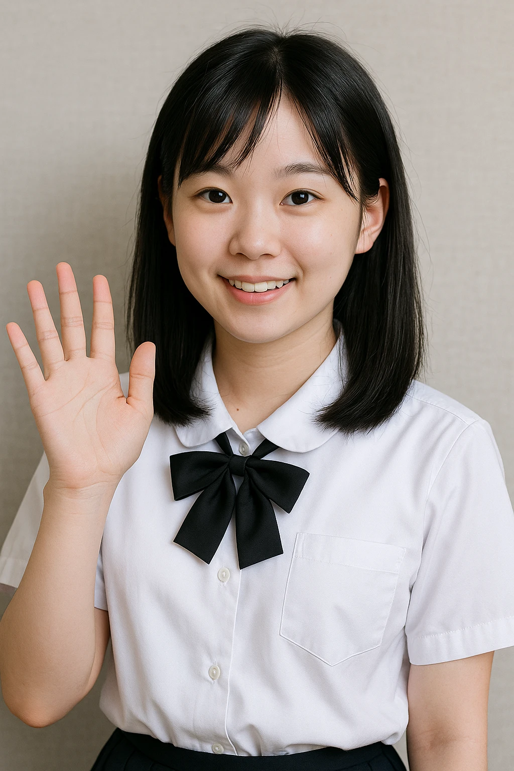 Asian girl, black hair, white skin, in a white school uniform, waving, friendly and approachable emoji