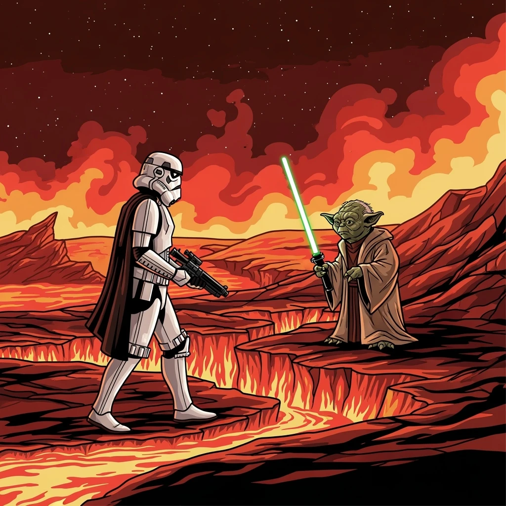 vector art of a Starwars stormtroopers is walking on lava planet with yoda, battleground background 
 emoji