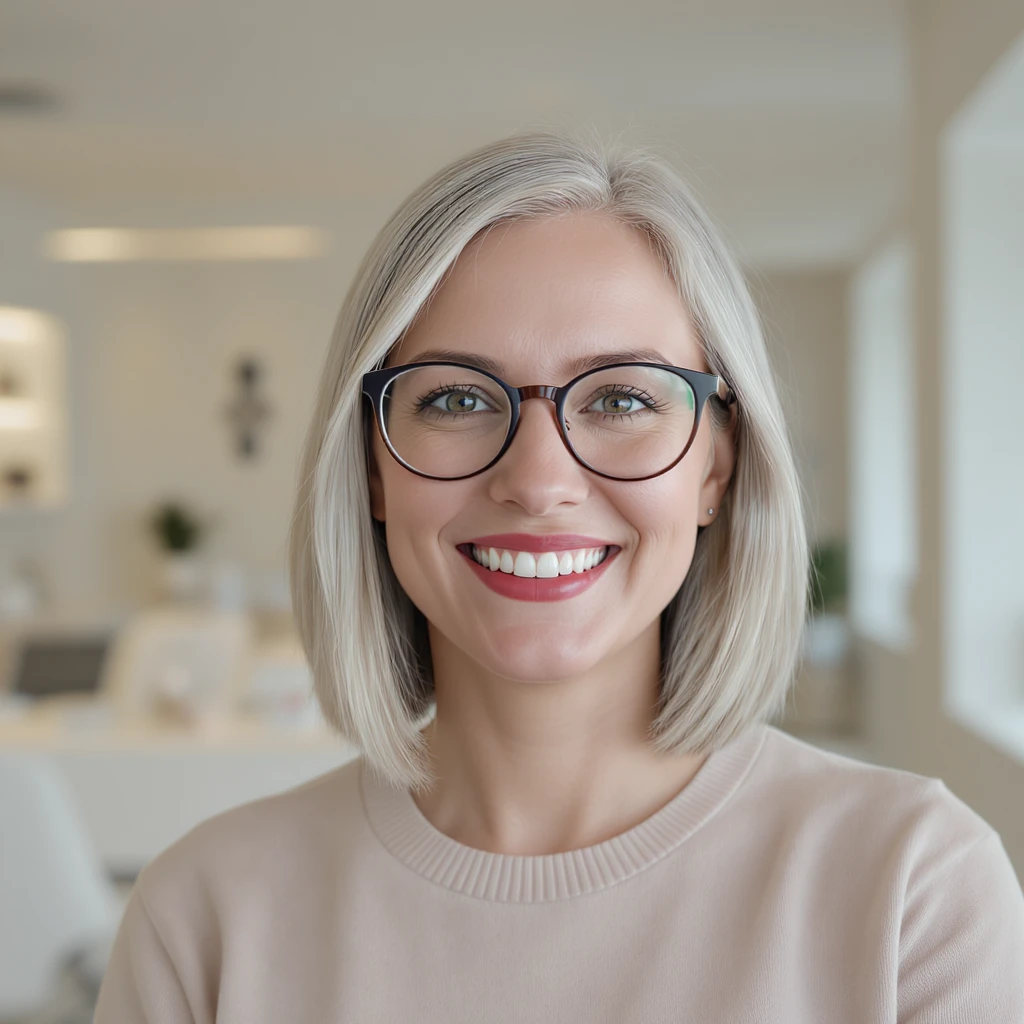 Cinematic still of a smiling european white woman with glasses smiling, minimalistic ophthalmologist interior in background, leading  lines, rule of thirds emoji