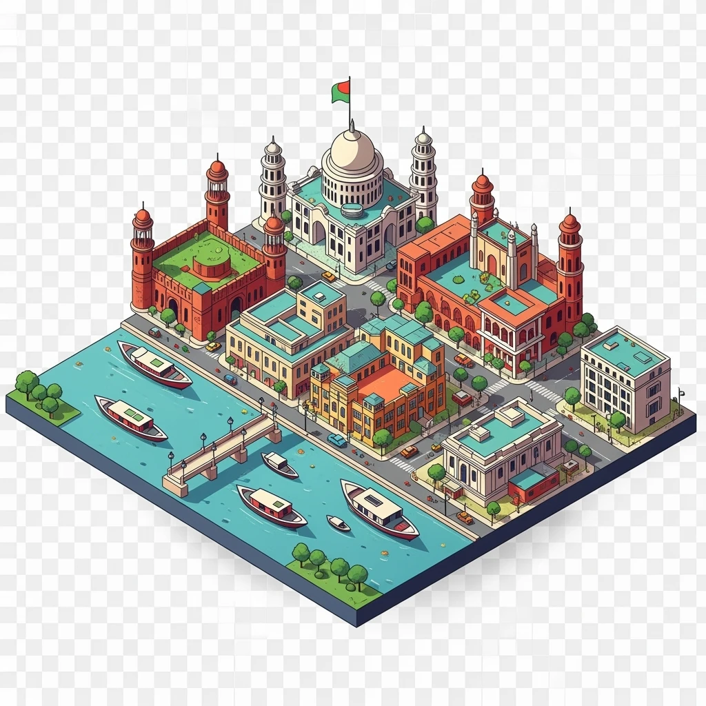 Isometric minimalistic illustration of Dhaka – Lalbagh Fort, Ahsan Manzil, bustling river boats, colorful streets, subtle 3D miniature effect and Tilt Shift effect, no cartoonish look, transparent background. emoji