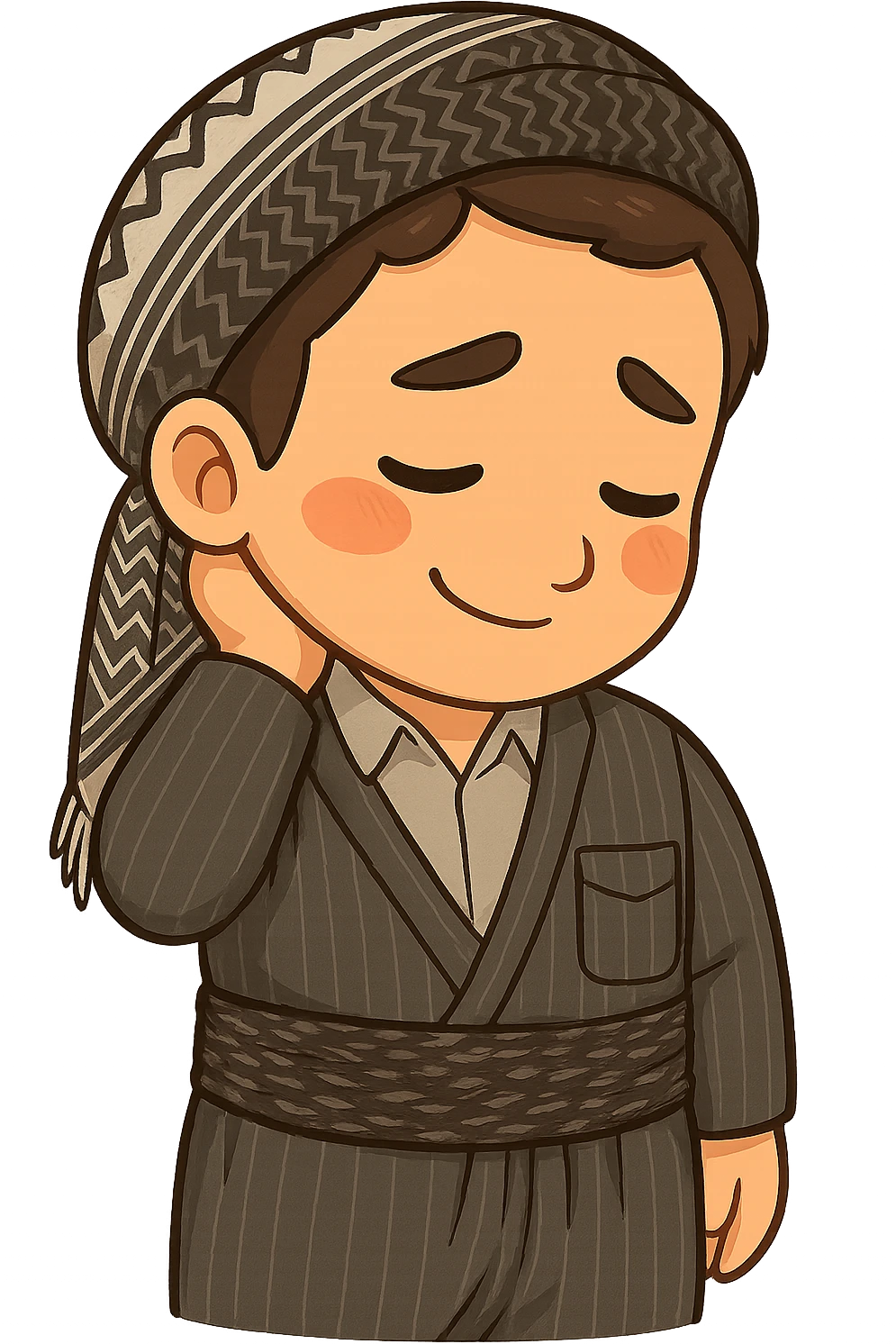 Cartoon sticker of a Kurdish man with the exact same clothes and shawl as the reference images, no changes to clothes or shawl. The face shows a shy expression, one hand behind the neck and head down matching the pose in the reference images. Colorful and cheerful style, no shadows or color halos around the image, no text, suitable for WhatsApp and Instagram, with a fully transparent background. emoji