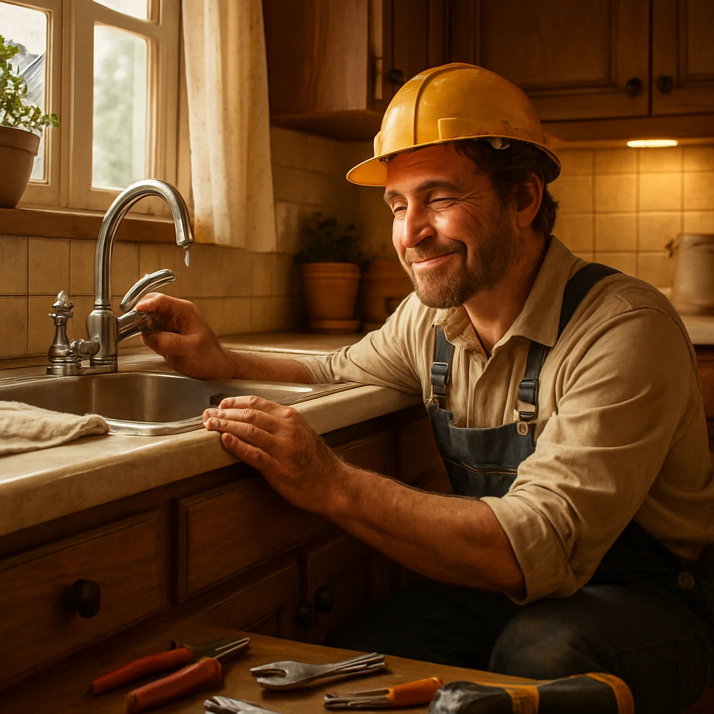 The construction worker kneeling by the sink, hands dirty, calmly fixing the leaky faucet, tools scattered nearby, a gentle smile on his face, warm lighting in a cozy home kitchen. emoji