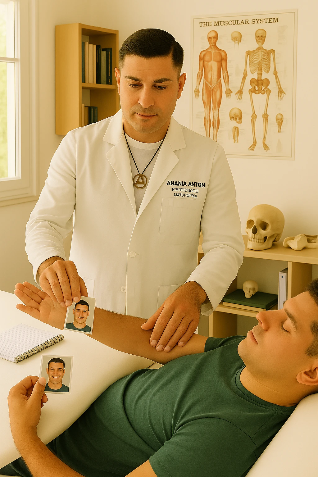 a middle-aged man, dressed in casual professional attire, is in a bright, organized therapy studio. Durante una visita di kinesiologia, il ragazzo tiene con una mano la foto di una persona lontana (il “testimone”) tiene la foto in mano, mentre con l’altra mano esegue un test muscolare su un cliente presente senza foto lui non tiene la foto. Sullo sfondo si vedono libri di kinesiologia, poster anatomici e strumenti tipici della disciplina. L’atmosfera è concentrata e serena, con luce naturale che entra dalla finestra, sottolineando l’aspetto alternativo e umano della pratica. emoji