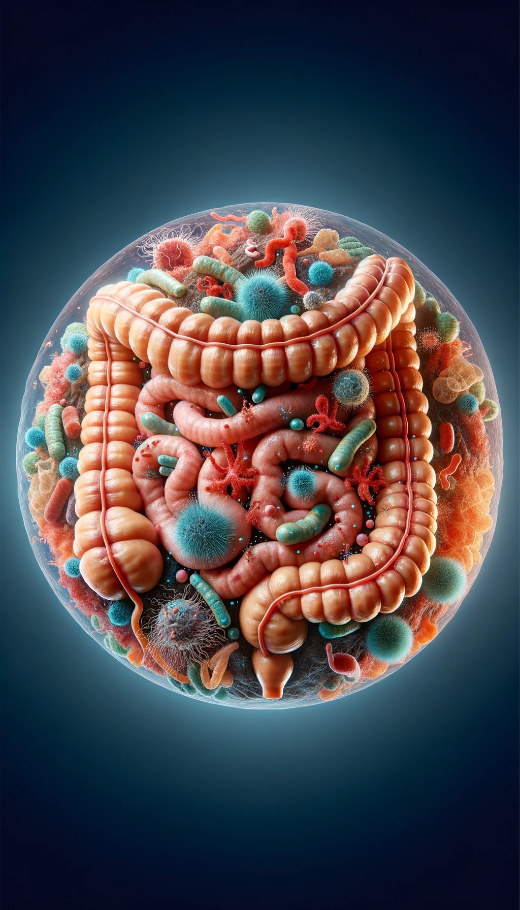INTESTINO UMANO ANATOMICO REALISTICO CIRCONDATO DA PARASSITI E BATTERI INTESTINALI, IPERREALISTICO 4K emoji