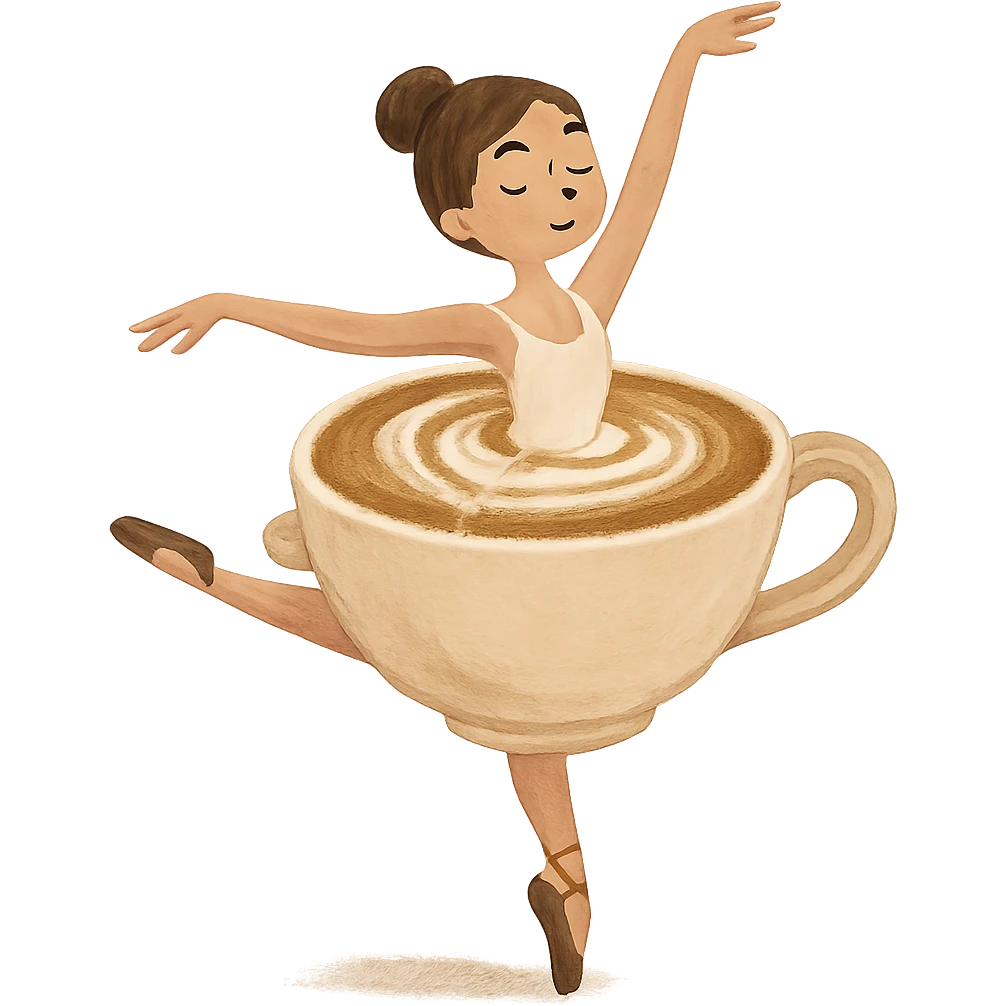 a creative and fun ballerina twirling with a cappuccino cup as her skirt, soft brown and cream colors, no background emoji