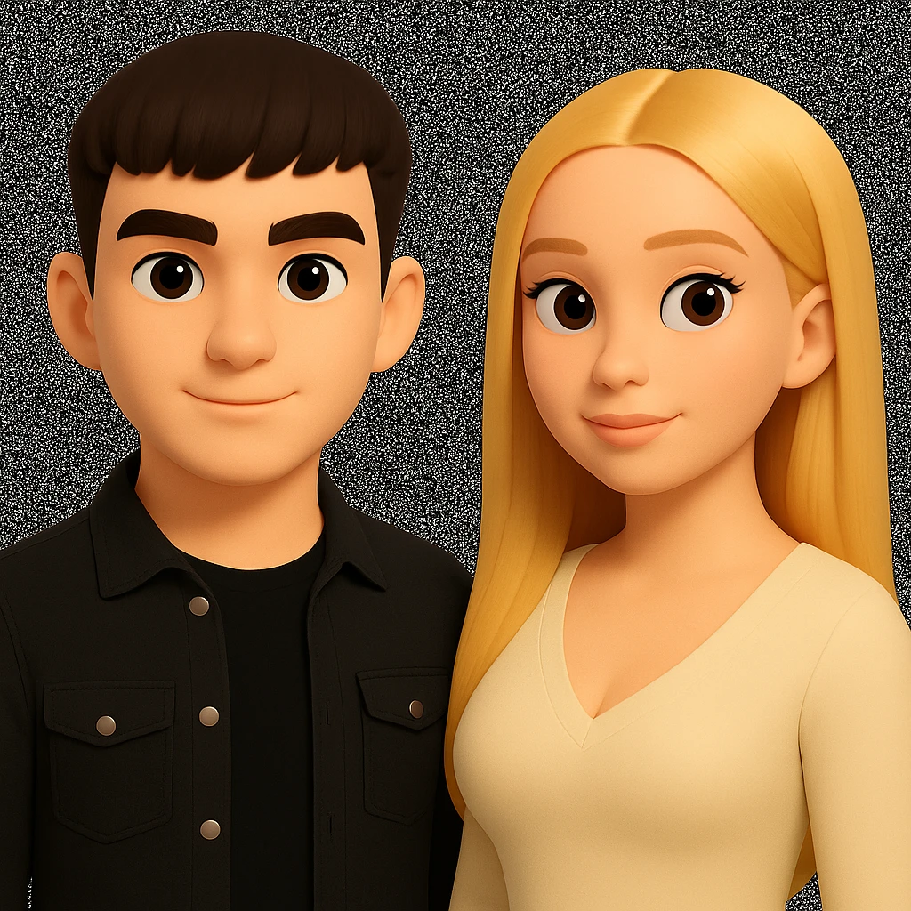 Slightly increase the volume of the upper body of the girl, significantly spread them apart from each other, make the skin color the same for both characters, keep the cartoonish 3D style as in the reference image. emoji