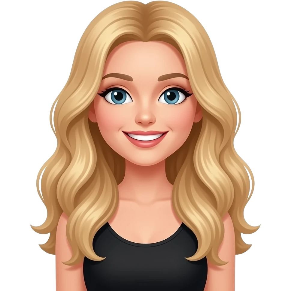 LF - blonde long wavy hair, make up, black top, slim, big smile emoji