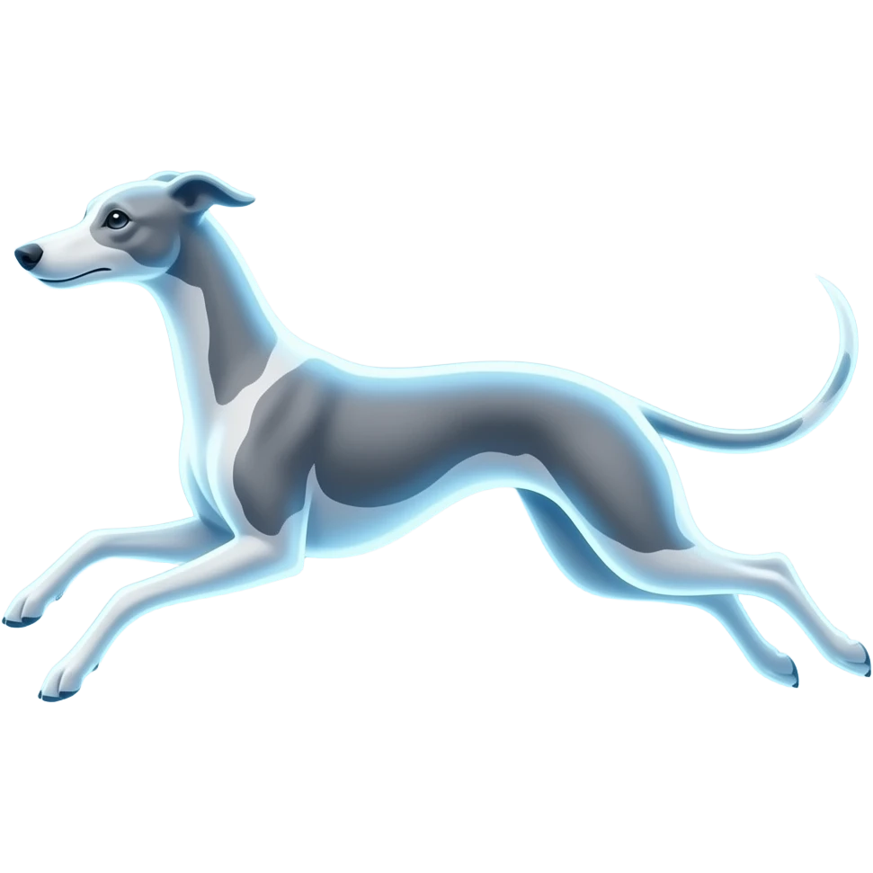glowing magical greyhound dog made of light, slim elegant body, running pose, blue-white aura, centered, 3D glossy emoji style, clean background emoji