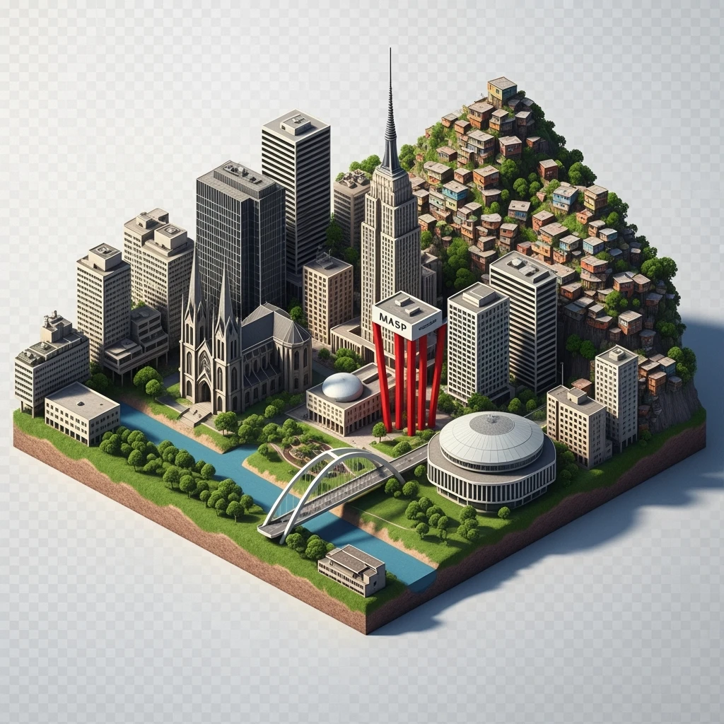 Isometric miniature of São Paulo Catedral da Sé, MASP on red pillars, Octávio Frias Bridge, and Altino Arantes building, favelas on hillsides, dense chaotic urban blocks, and green parks 3D miniature effect and Tilt Shift effect, no cartoonish look, transparent background. emoji