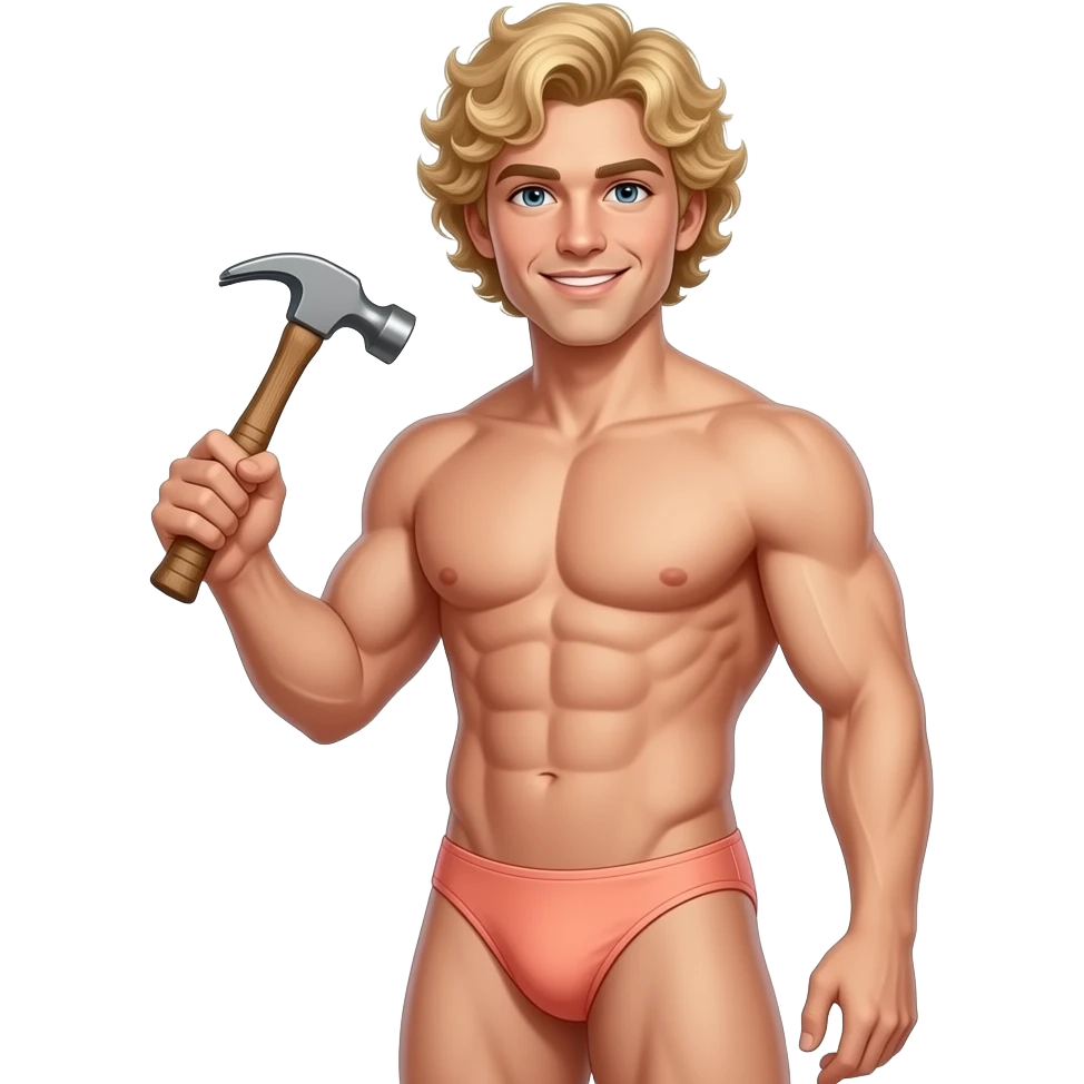 Muscle man with blonde curly hair in peach colored bikini holding hammer emoji