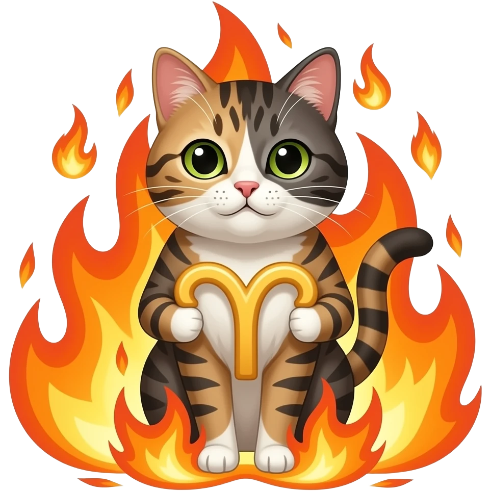 a cat surrounded by flames holding an aries symbol emoji
