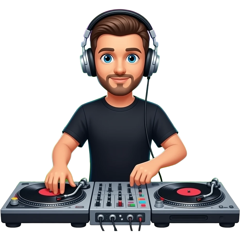 Show a DJ behind a console with psychedelic mushrooms background emoji