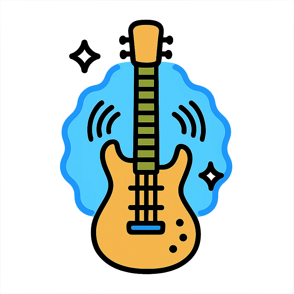 electric guitar with glowing blue aura, strings visibly vibrating, modern icon style emoji