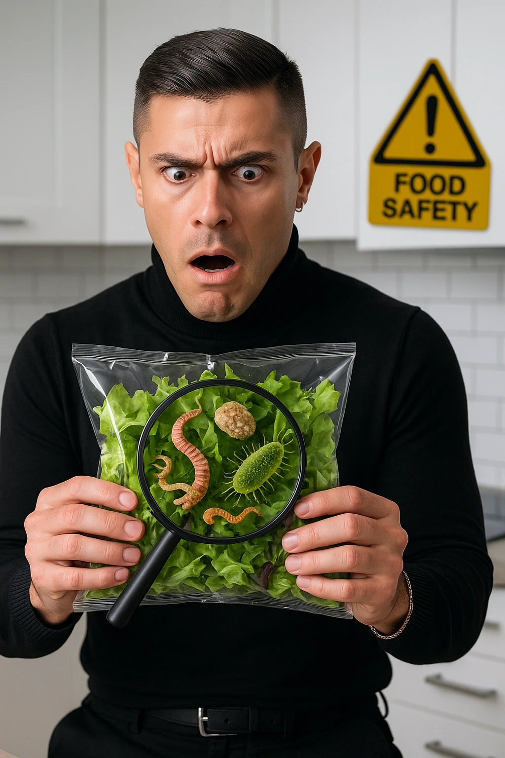 a man holds a bag of salad with both hands, his face frozen in shock as he looks at the contents. Inside the bag, exaggerated but realistic depictions of parasites and bacteria are visible, some highlighted with a magnifying glass overlay. The background is a clean kitchen, and a warning sign appears in the corner to reinforce the message about food safety. emoji