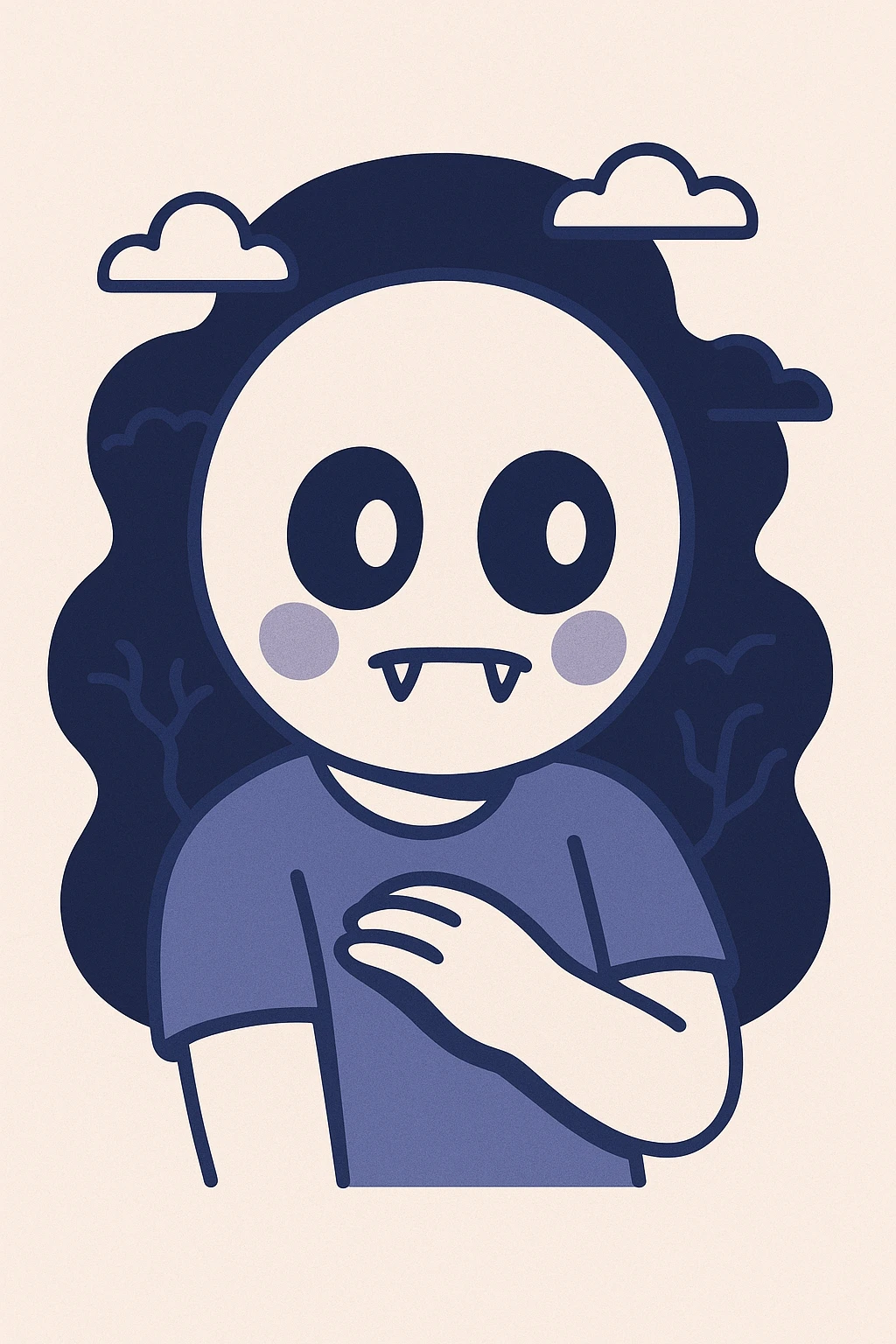 2D style shy and horror-themed emoji, bashful body language with blushing and looking away, subtle horror elements like wide eyes, slight fangs, shadowy background, expressive and slightly unsettling emoji