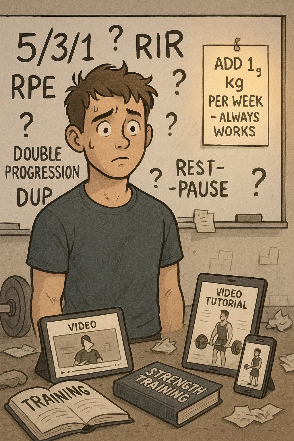 Giovane neofita in palestra, con uno sguardo perso davanti a una lavagna piena di metodi di progressione (5/3/1, RIR, RPE, double progression, DUP, rest-pause). È circondato da libri di allenamento e video tutorial su tablet e smartphone. Dietro di lui, un cartello piccolo ma chiaro: 'Aggiungi 1 kg a settimana – funziona sempre'. Atmosfera caotica intorno, ma luce calda sul messaggio semplice emoji