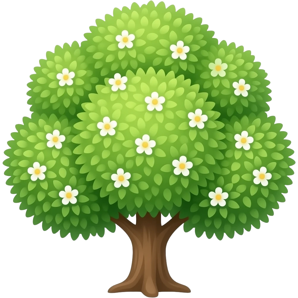 Apple-style blooming tree, round soft green canopy. No pot, no ground — only the tree. Small white and yellow flowers inside the leaves. Flat 2D emoji, clean shapes, no gradients. emoji
