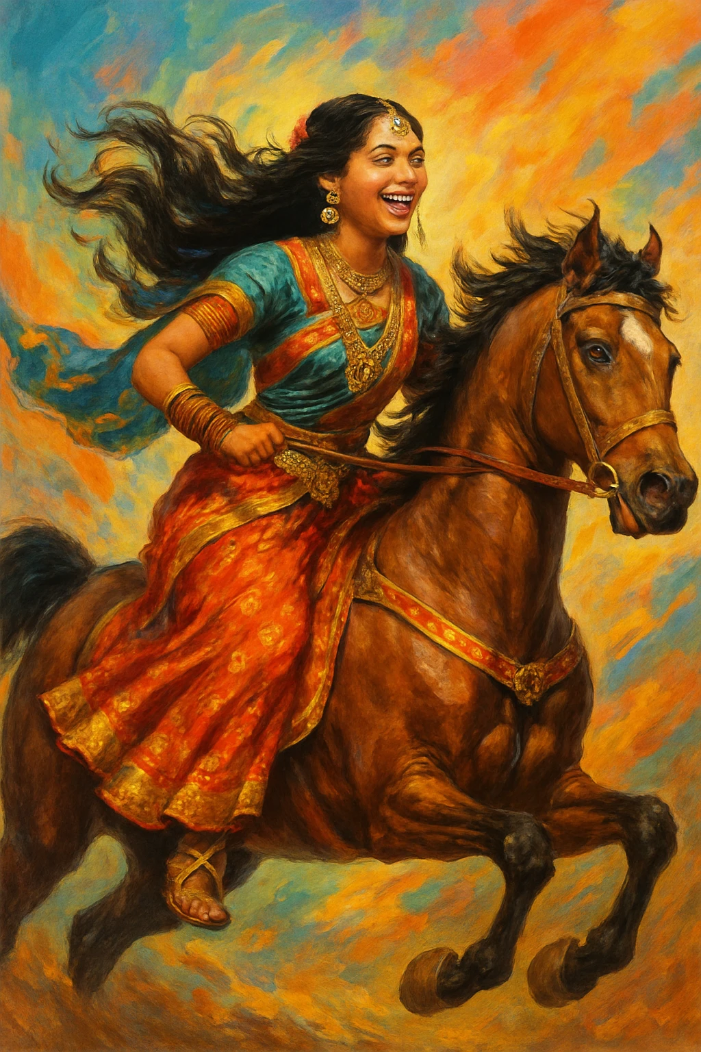 East Indian woman on a galloping horse, traditional attire, wind-blown hair, colorful background, joyful expression, action pose, detailed accessories emoji