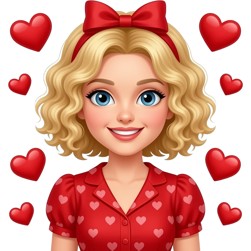 blonde tight curly hair in a short bob Valentine's banner and a red heart blouse and hearts around emoji
