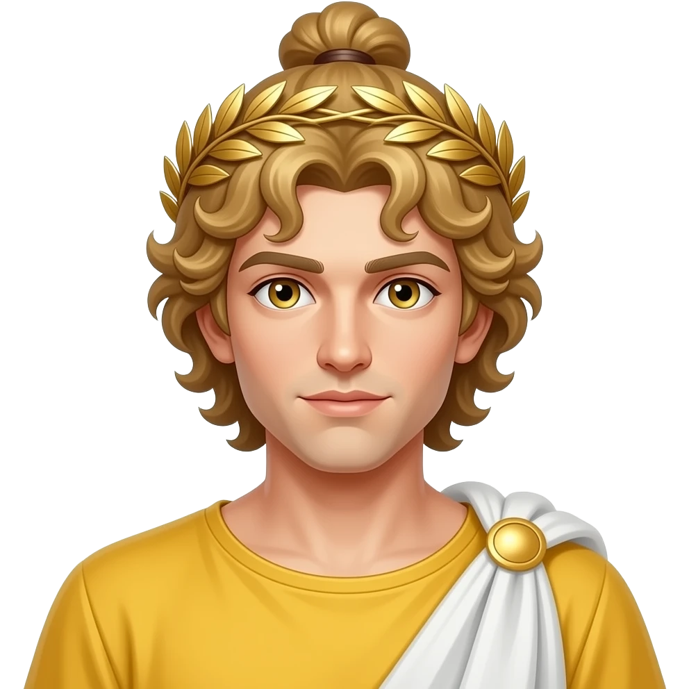 Apollo from Roman Mythology with gold eyes, long blonde curly Apollo knot hair, yellow tunic, white cloak, gold wreath headband emoji