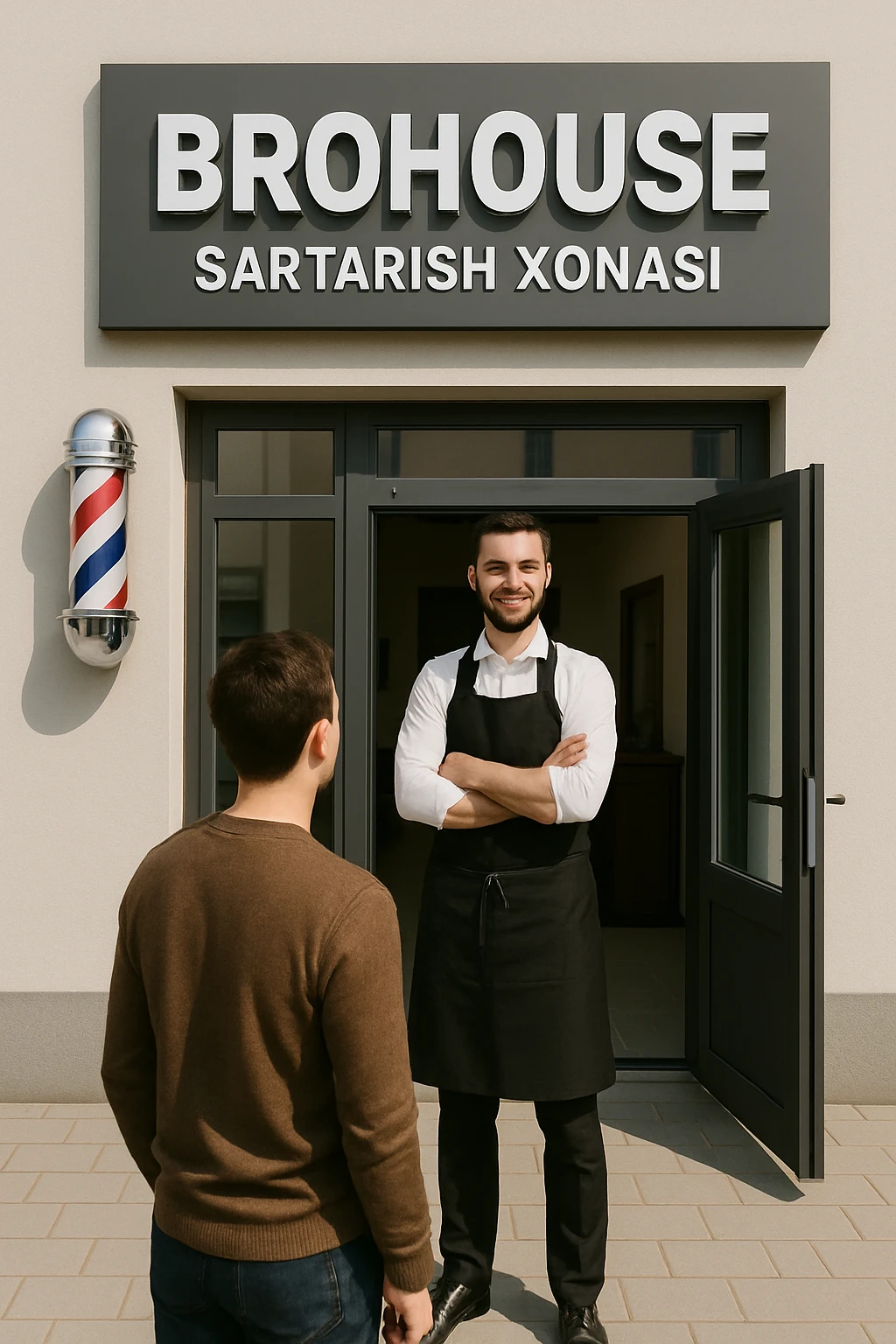 eni shu rasimga boyagi sartaosh oka eshik oldida tursin va tashqarida esa mijoz emoji